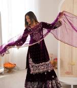 Elara Noor Cording Embroidered Wine Velvet Sharara Set for Weddings