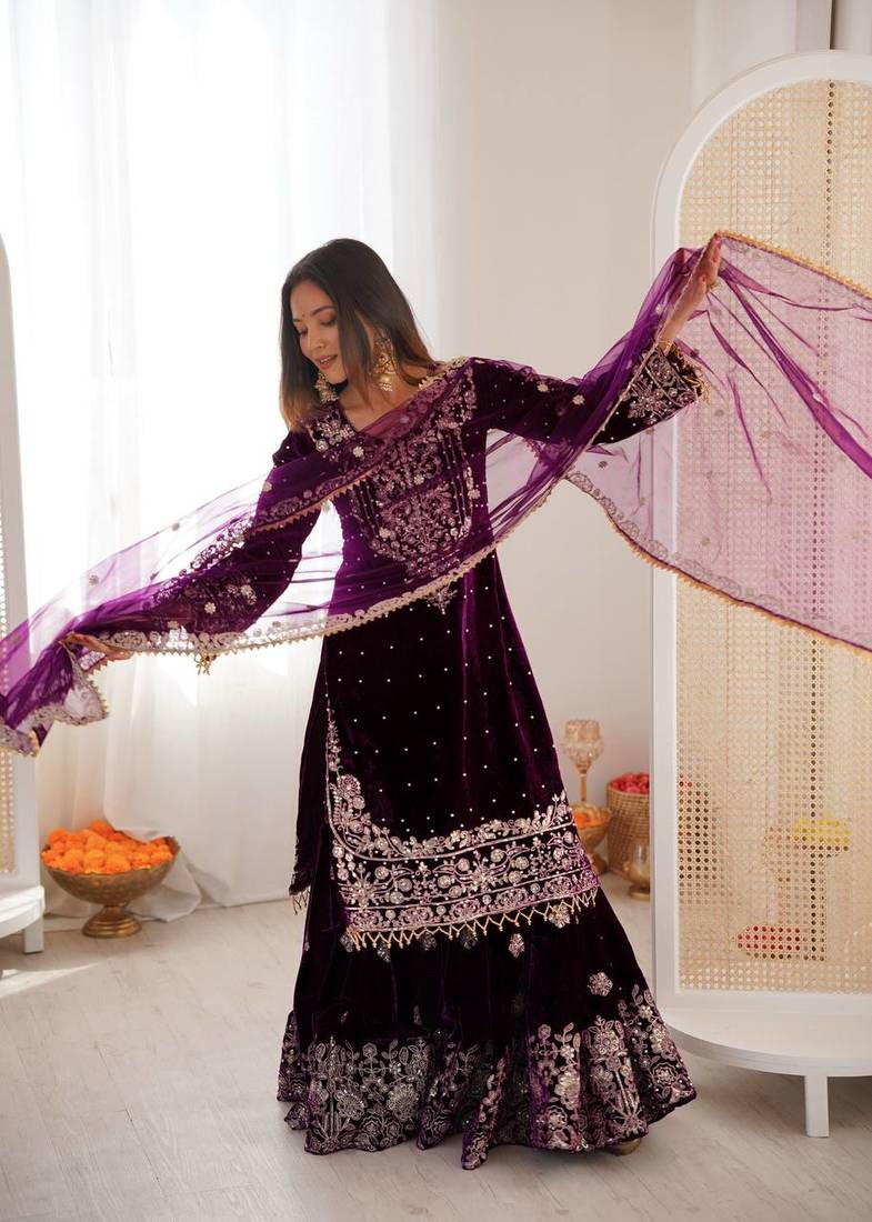 Elara Noor Cording Embroidered Wine Velvet Sharara Set for Weddings