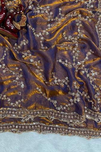 Mustard Color Beads And  Sequence Embroidery Work Space Silk Blend Saree