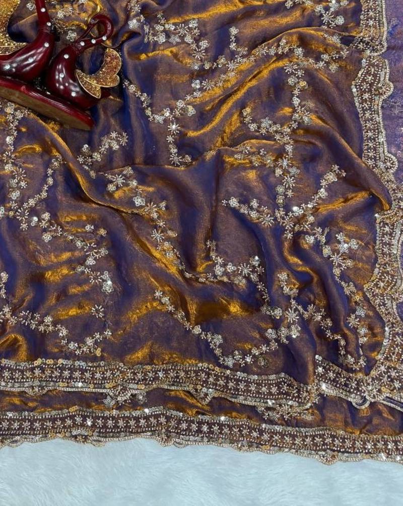 Mustard Color Beads And  Sequence Embroidery Work Space Silk Blend Saree