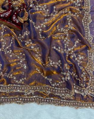 Mustard Color Beads And  Sequence Embroidery Work Space Silk Blend Saree 1