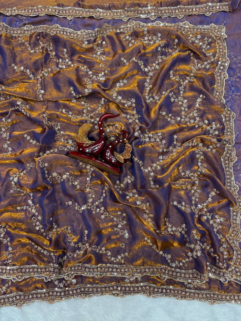 Mustard Color Beads And  Sequence Embroidery Work Space Silk Blend Saree