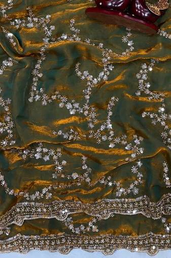 Olive Color Beads And  Sequence Embroidery Work Space Silk Blend Saree