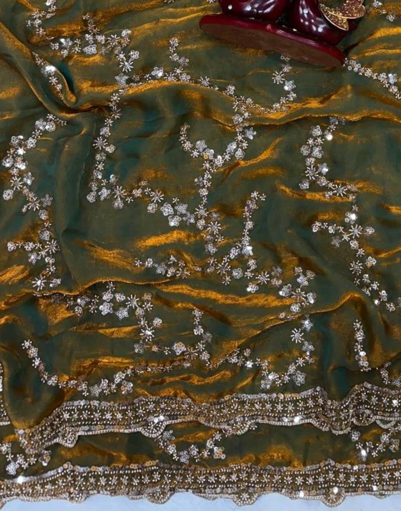 Olive Color Beads And  Sequence Embroidery Work Space Silk Blend Saree