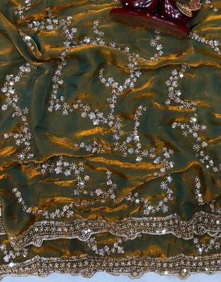 Olive Color Beads And  Sequence Embroidery Work Space Silk Blend Saree 1