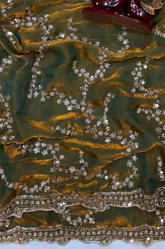 Olive Color Beads And  Sequence Embroidery Work Space Silk Blend Saree