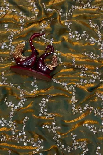 Olive Color Beads And  Sequence Embroidery Work Space Silk Blend Saree
