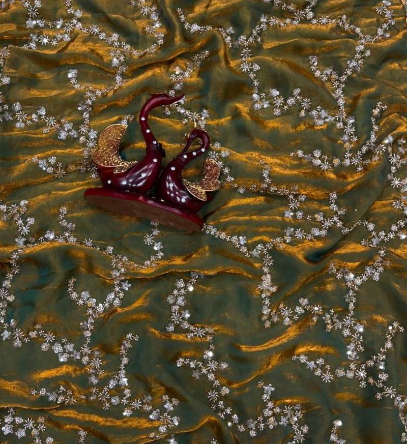 Olive Color Beads And  Sequence Embroidery Work Space Silk Blend Saree