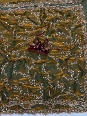 Olive Color Beads And  Sequence Embroidery Work Space Silk Blend Saree 3