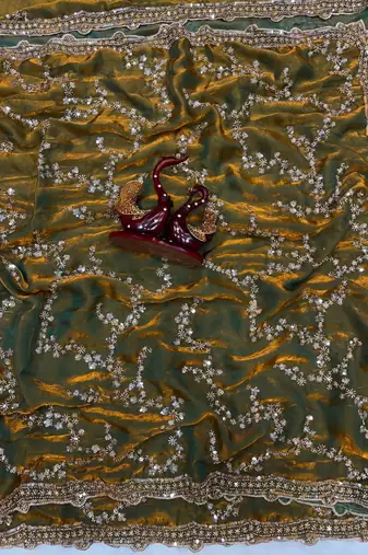 Olive Color Beads And  Sequence Embroidery Work Space Silk Blend Saree