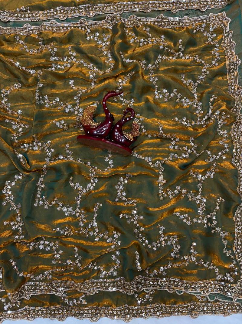 Olive Color Beads And  Sequence Embroidery Work Space Silk Blend Saree