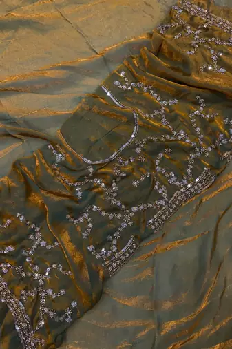 Olive Color Beads And  Sequence Embroidery Work Space Silk Blend Saree