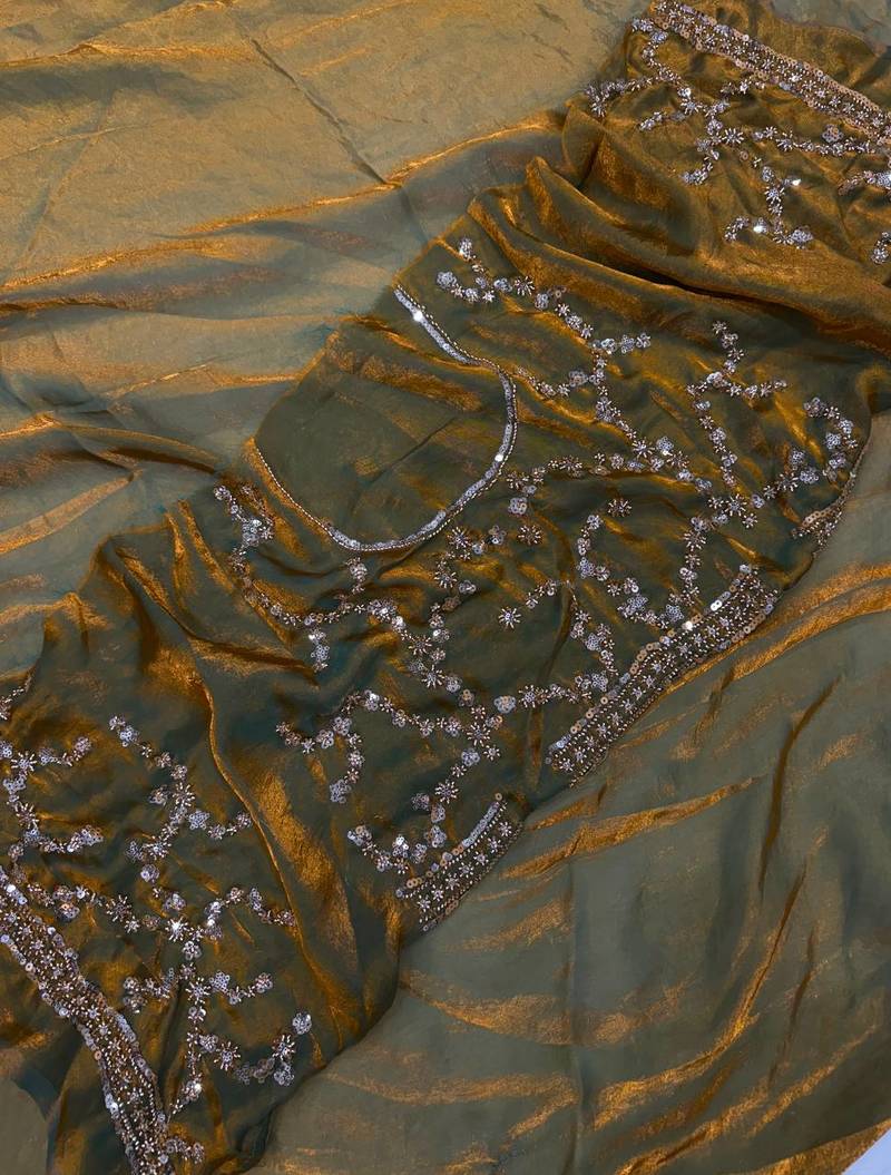 Olive Color Beads And  Sequence Embroidery Work Space Silk Blend Saree