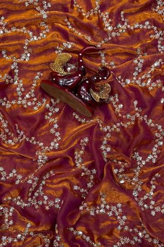 Orange Color Beads And  Sequence Embroidery Work Space Silk Blend Saree