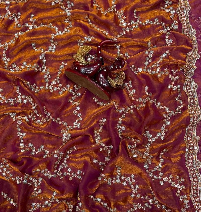 Orange Color Beads And  Sequence Embroidery Work Space Silk Blend Saree