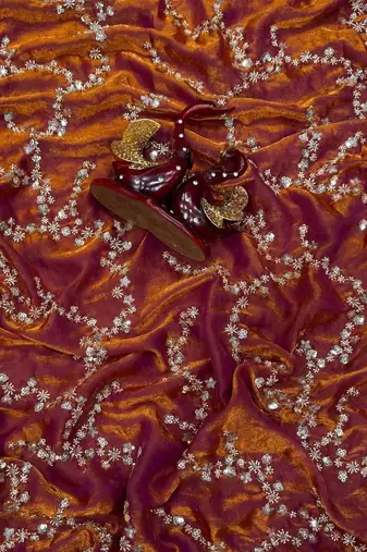 Orange Color Beads And  Sequence Embroidery Work Space Silk Blend Saree