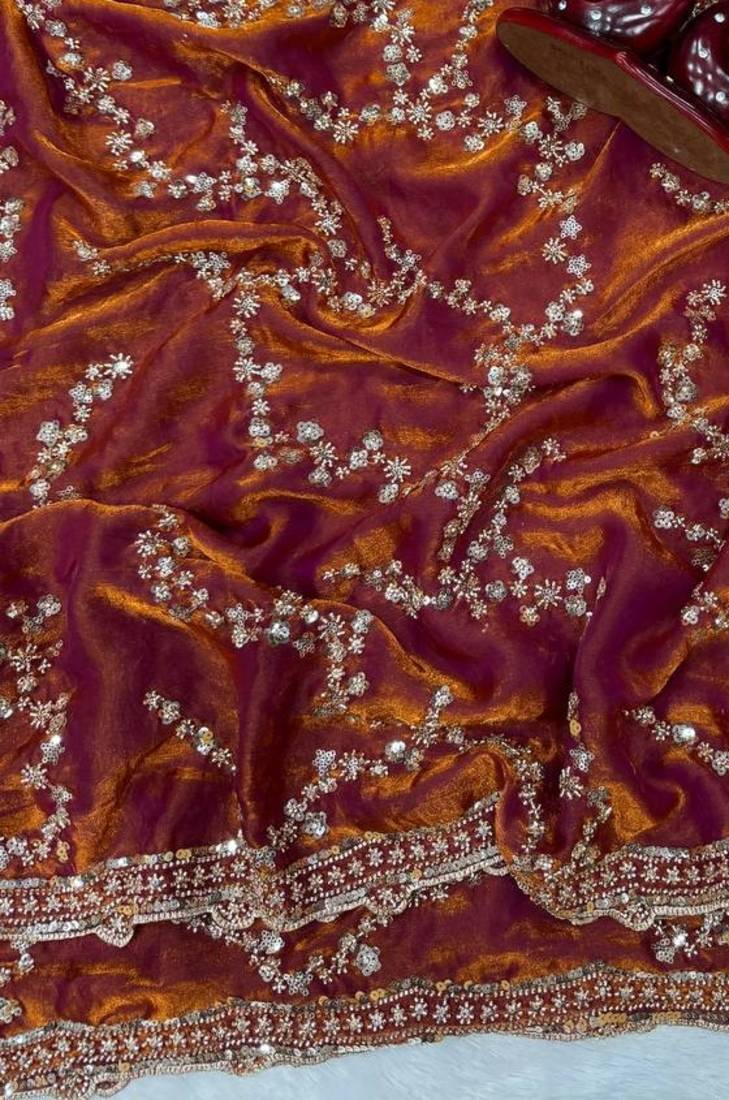 Orange Color Beads And  Sequence Embroidery Work Space Silk Blend Saree