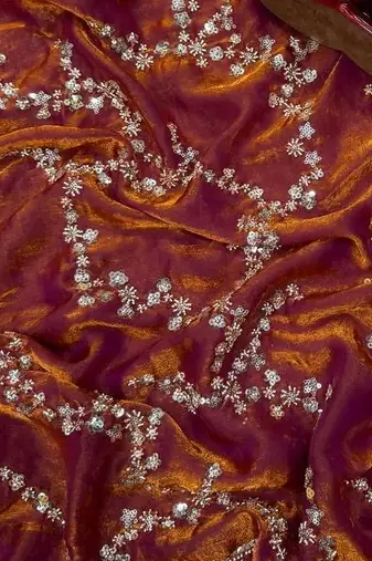 Orange Color Beads And  Sequence Embroidery Work Space Silk Blend Saree