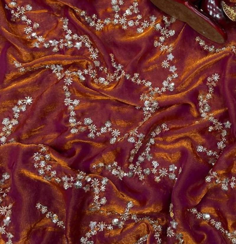 Orange Color Beads And  Sequence Embroidery Work Space Silk Blend Saree