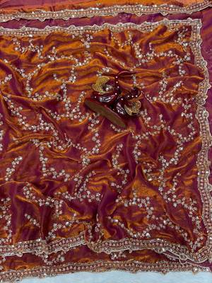 Orange Color Beads And  Sequence Embroidery Work Space Silk Blend Saree 4