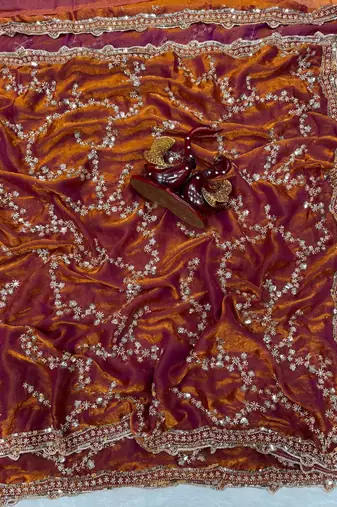 Orange Color Beads And  Sequence Embroidery Work Space Silk Blend Saree