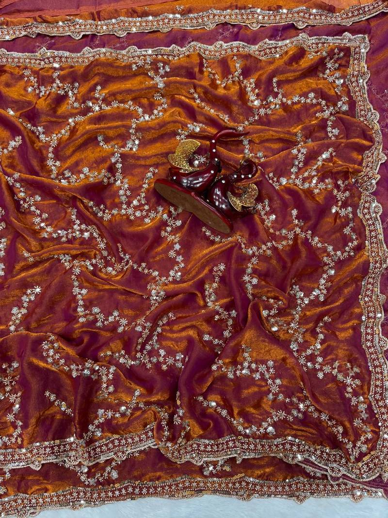 Orange Color Beads And  Sequence Embroidery Work Space Silk Blend Saree
