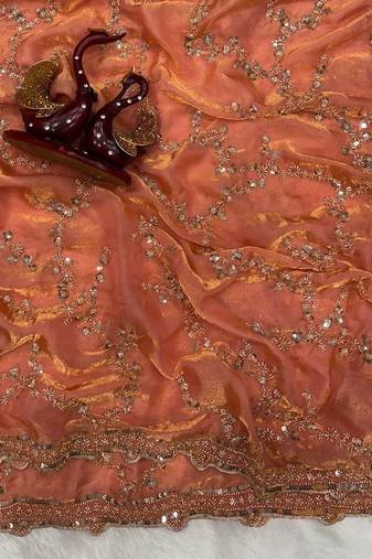 Peach Color Beads And  Sequence Embroidery Work Space Silk Blend Saree