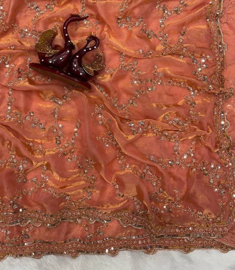 Peach Color Beads And  Sequence Embroidery Work Space Silk Blend Saree