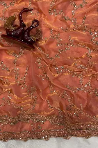 Peach Color Beads And  Sequence Embroidery Work Space Silk Blend Saree