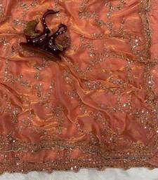Peach Color Beads And  Sequence Embroidery Work Space Silk Blend Saree