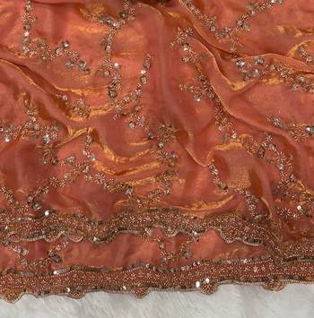 Peach Color Beads And  Sequence Embroidery Work Space Silk Blend Saree 3