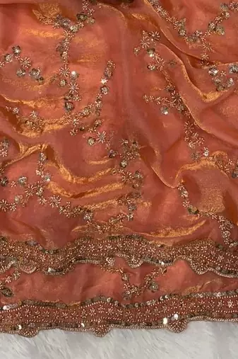 Peach Color Beads And  Sequence Embroidery Work Space Silk Blend Saree