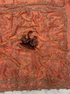 Peach Color Beads And  Sequence Embroidery Work Space Silk Blend Saree 4