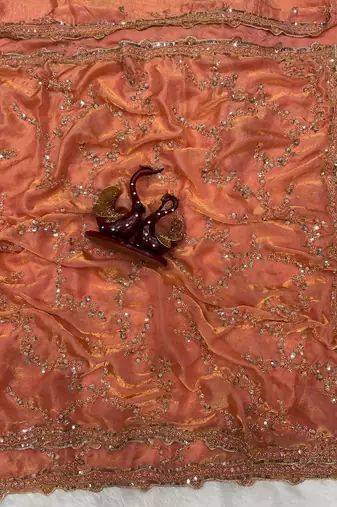 Peach Color Beads And  Sequence Embroidery Work Space Silk Blend Saree