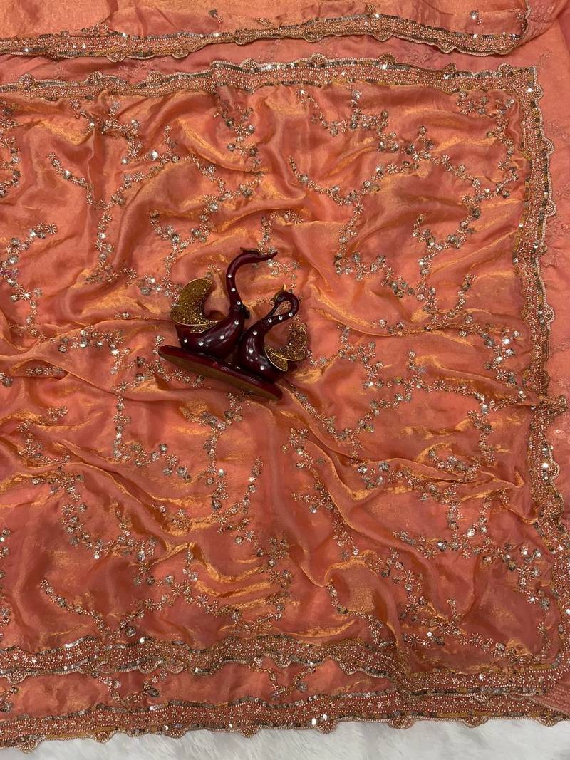 Peach Color Beads And  Sequence Embroidery Work Space Silk Blend Saree