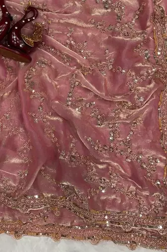 Pink Color Beads And  Sequence Embroidery Work Space Silk Blend Saree