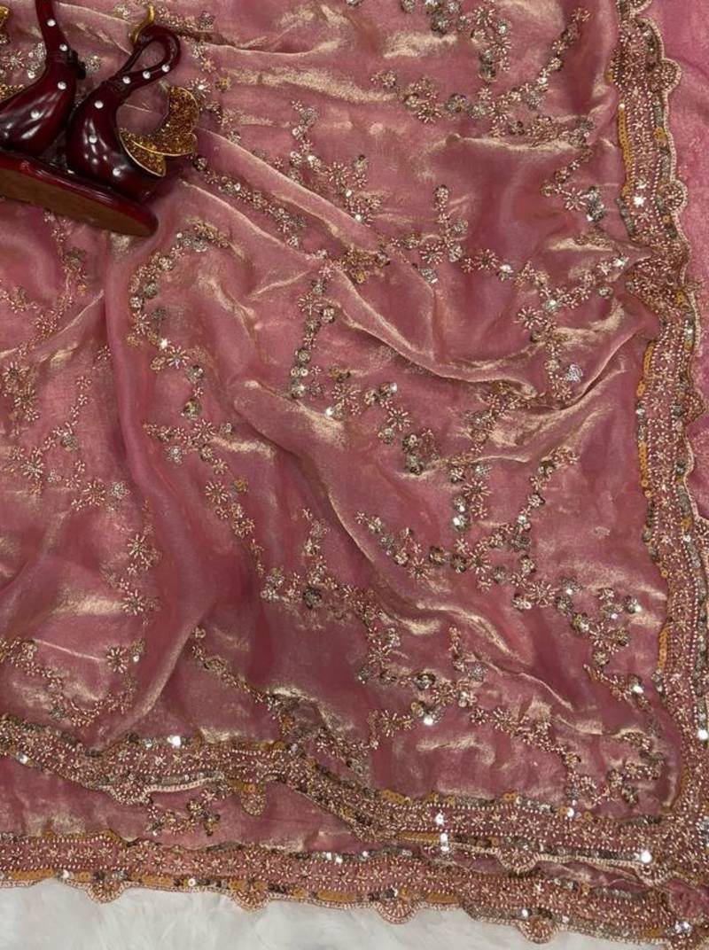 Pink Color Beads And  Sequence Embroidery Work Space Silk Blend Saree