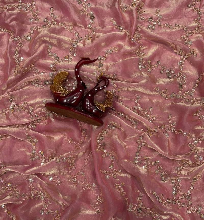 Pink Color Beads And  Sequence Embroidery Work Space Silk Blend Saree