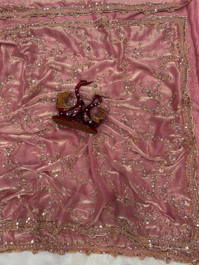 Pink Color Beads And  Sequence Embroidery Work Space Silk Blend Saree