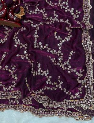 Purple Color Beads And  Sequence Embroidery Work Space Silk Blend Saree 1