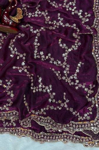 Purple Color Beads And  Sequence Embroidery Work Space Silk Blend Saree