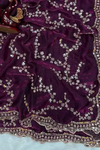 Purple Color Beads And  Sequence Embroidery Work Space Silk Blend Saree