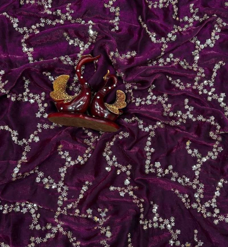 Purple Color Beads And  Sequence Embroidery Work Space Silk Blend Saree