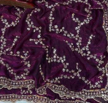 Purple Color Beads And  Sequence Embroidery Work Space Silk Blend Saree 3