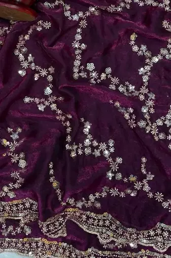 Purple Color Beads And  Sequence Embroidery Work Space Silk Blend Saree