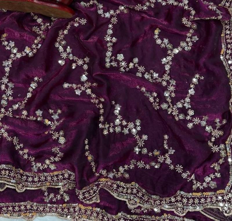 Purple Color Beads And  Sequence Embroidery Work Space Silk Blend Saree