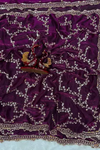 Purple Color Beads And  Sequence Embroidery Work Space Silk Blend Saree
