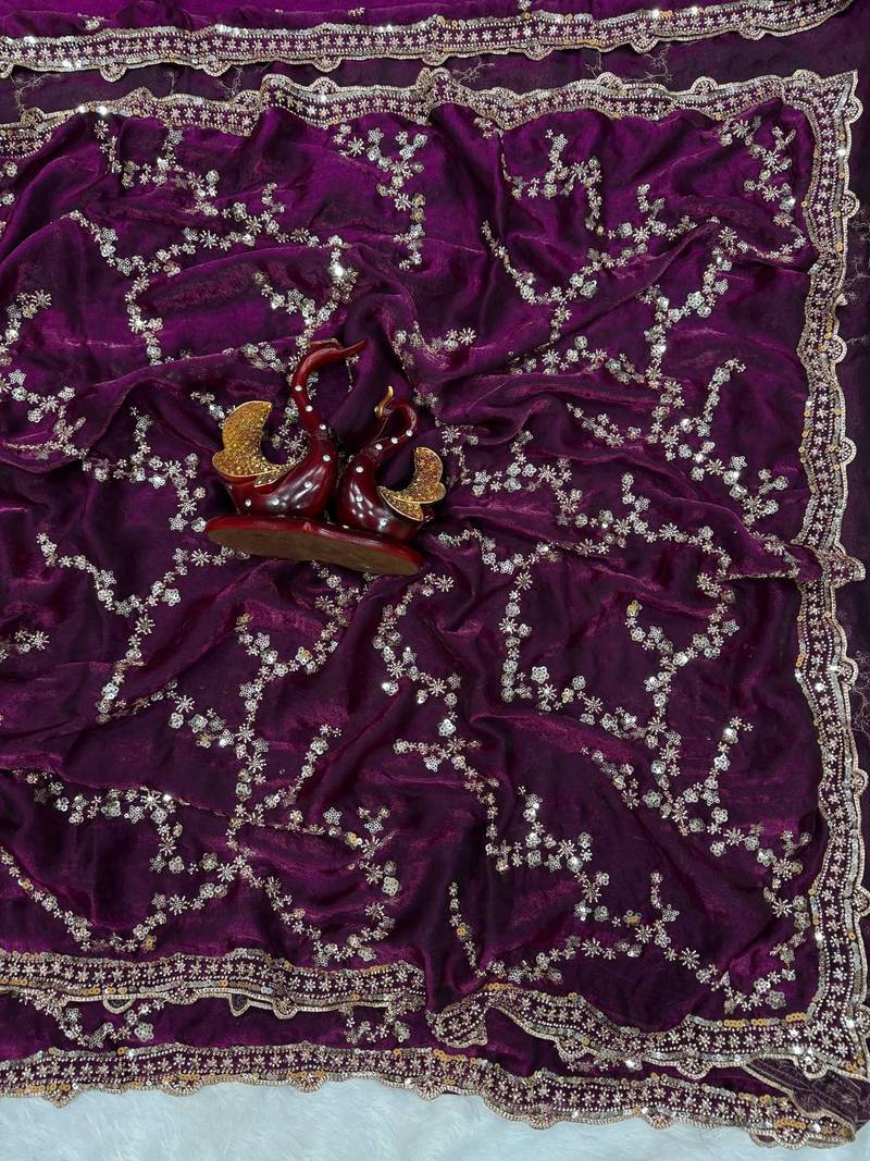 Purple Color Beads And  Sequence Embroidery Work Space Silk Blend Saree