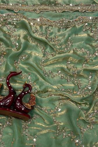 Sea Green Color Beads And  Sequence Embroidery Work Space Silk Blend Saree