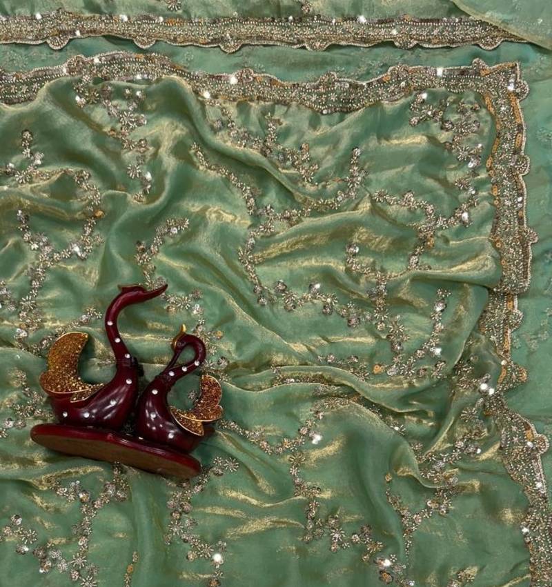 Sea Green Color Beads And  Sequence Embroidery Work Space Silk Blend Saree